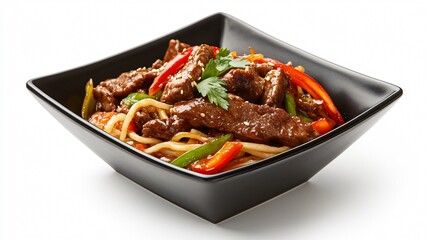 Fototapeta premium Modern presentation of ginger beef stir fry in a square black bowl, isolated on a crisp white background with minimal decor