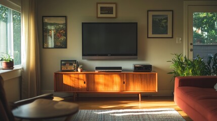 Fototapeta premium Sunlit Living Room With Mid Century Modern Furniture
