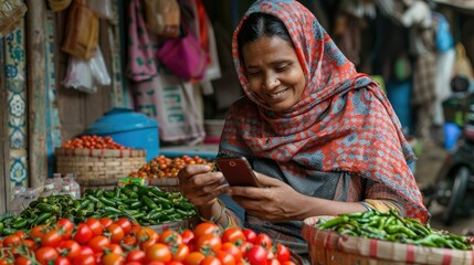 Smiling woman using smartphone at market stall with tomatoes and chilies.