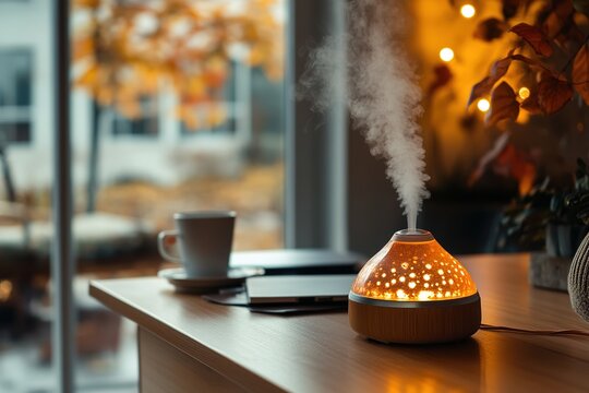 Cozy workspace with humidifier, laptop, and cup