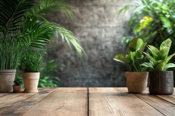 A serene arrangement of potted plants on a wooden table against a textured background.