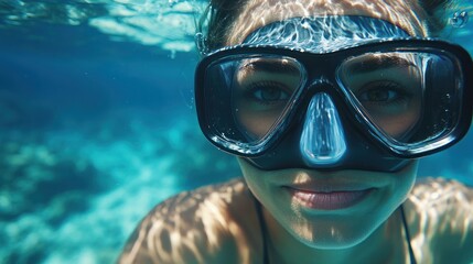 Fototapeta premium A smiling diver underwater, enjoying the vibrant marine environment.