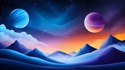 Obraz premium Vibrant fantasy landscape with colorful planets, vivid skies, and surreal mountains illustrating a mystical cosmic scene.