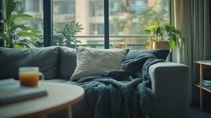Cozy Living Room Sofa With Blanket And Plants