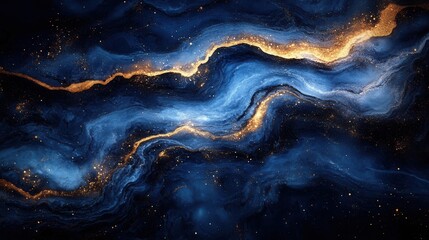Abstract Cosmic Elegance with Flowing Blue and Gold Patterns