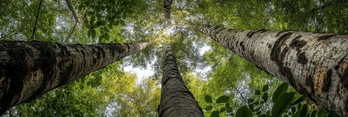 Fototapeta premium Looking up at three tall trees in a lush green forest. Sunlight filters through the leaves.