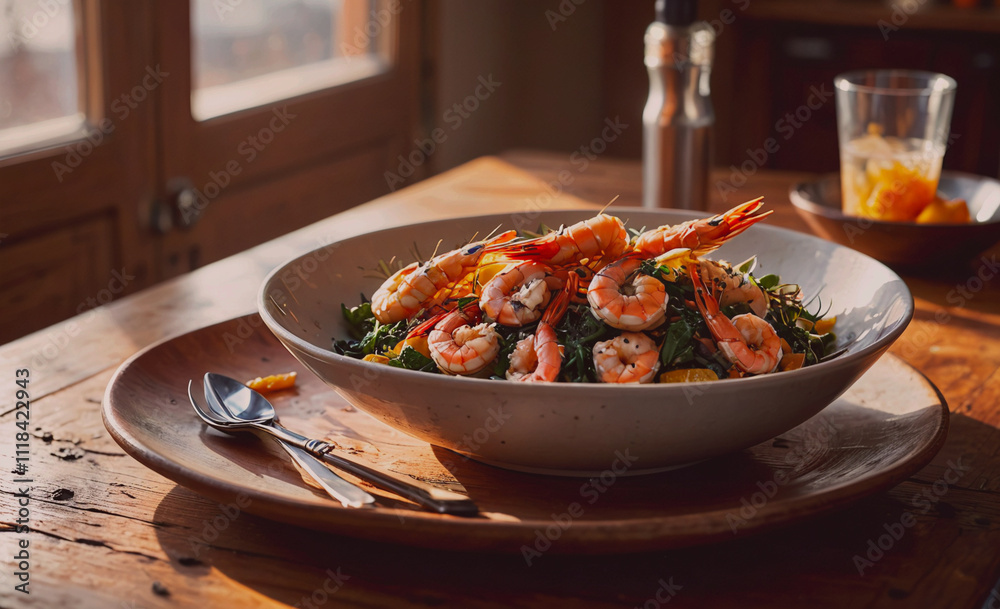 Poster a bowl of shrimp and greens sits on a wooden table. the shrimp are arranged in a way that makes them