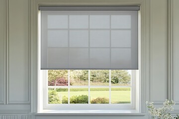 Fototapeta premium Grey roller shade installed in a window overlooking a garden.