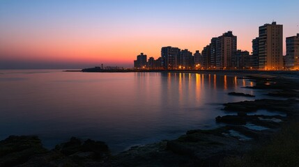 Fototapeta premium Coastal City Skyline at Sunset Over Calm Ocean Waters