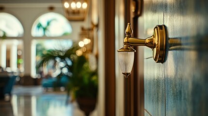 Obraz premium Elegant Gold Wall Lamp In Luxurious Hotel Lobby