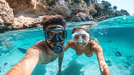 Happy couple snorkeling together in crystal clear water, taking underwater selfie