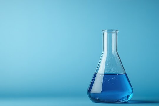 Blue liquid in flask on uniform background