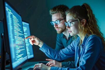 Equipo multicultural de desarrolladores colaborando en programación de software en un entorno tecnológico, reflejando trabajo en equipo, diversidad y enfoque en soluciones digitales innovadoras.
