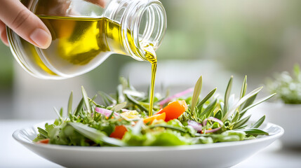 Healthy food for longevity and lifestyle medicine concept. Fresh salad with olive oil for healthy eating and longevity