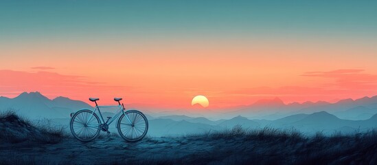 Obraz premium Bicycle at sunset overlooking scenic mountain range.