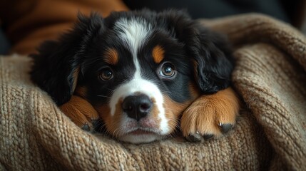 Adorable Bernese Mountain Dog puppy nestled in a cozy knit blanket.