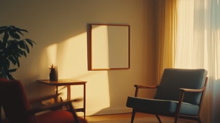 Sunlit Room with Empty Frame and Mid Century Chair