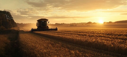 Fototapeta premium Combine Harvester in Golden Barley Field at Sunset - Agriculture and Harvest Concept