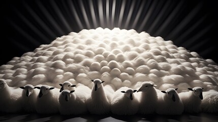 Fototapeta premium A large flock of white sheep standing tightly together, facing forward prominently with the light of the white sheep shining.