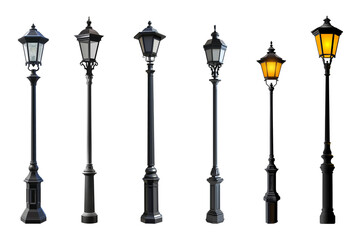 Black street lamp set, vintage style, isolated on white or transparent background, light park cutout PNG
