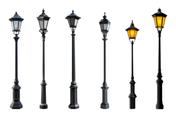 Black street lamp set, vintage style, isolated on white or transparent background, light park cutout PNG