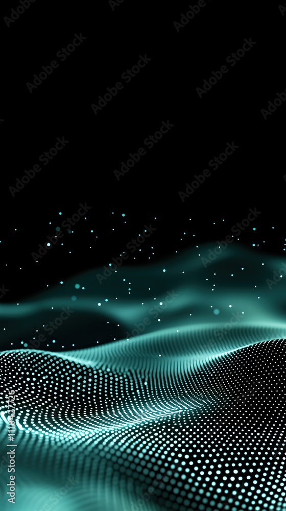 Poster abstract digital wave pattern in vibrant teal tones against dark background vertical format