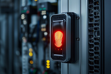 close up of biometric scanner glowing red, mounted on metallic surface in high tech server room, emphasizing security and advanced technology