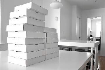 pizza party, piled pizza boxes in the kitchen reveal stories of delicious variety, sparking excitement among celebrating guests