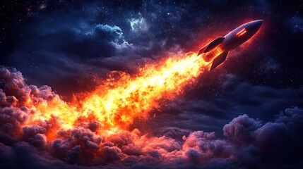 Rocket launching through fiery clouds into space.
