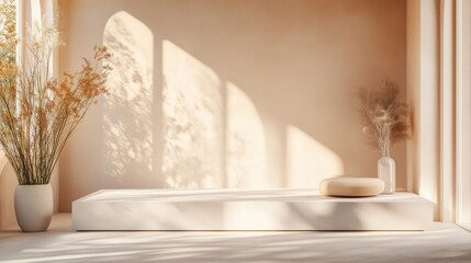 Minimalist sunlit interior with empty platform and decorative plants