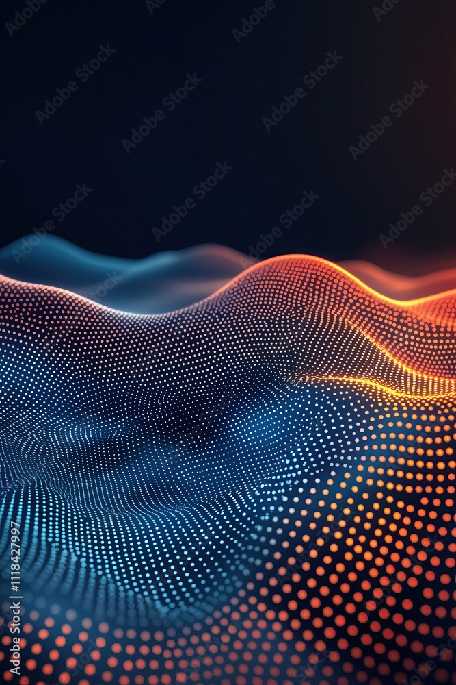 Poster abstract wave patterns with vibrant blue and orange dots on dark background vertical format