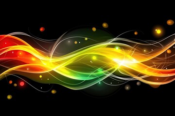 Colorful abstract waves in vibrant shades of red, yellow, and green against dark background