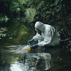 A person in protective gear collects water samples from a stream for analysis.