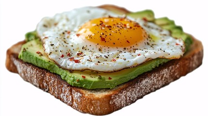 A delicious slice of toasted bread topped with creamy avocado and a perfectly fried egg, seasoned with spices for a flavorful breakfast.