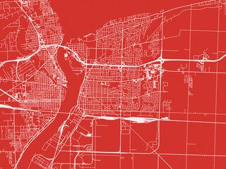 Christmas Map of Sarnia Ontario, Canada in Snowy White on Festive Red Background.