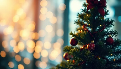 Obraz premium Happy holidays with Christmas tree, balls, golden tinsel confetti and snowflakes on background