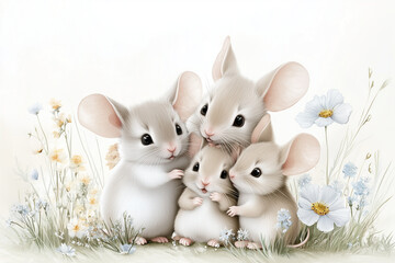 Fototapeta premium Cartoon-style, a playful mouse family of parents and children, standing together in a grassy meadow, surrounded by colorful flowers and a bright sunny sky, vibrant and heartwarming