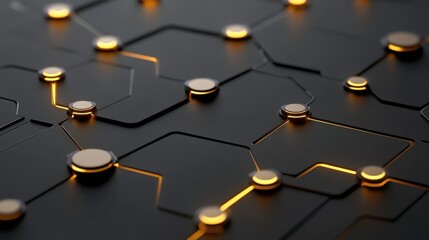 This chipboard design presents a complex array of interconnected patterns highlighted by warm, glowing accents. The arrangement creates a visually striking representation of modern technology