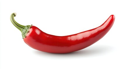 A single glossy red chili pepper rests on a spotless white surface, highlighting its vibrant color and unique curved form
