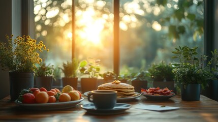 Sunlit breakfast table with pancakes, fruit, coffee, and herbs.