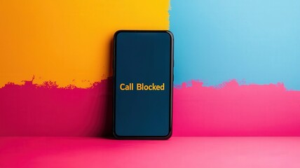 spam call phone prevention concept. Smartphone displaying "Call Blocked" on a colorful background.