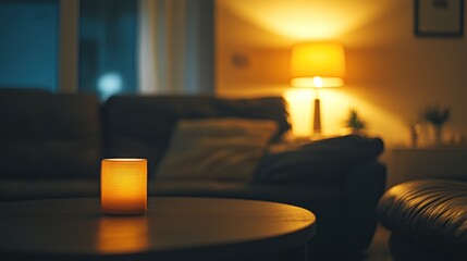 Illuminated Candle on Table in Dimly Lit Living Room