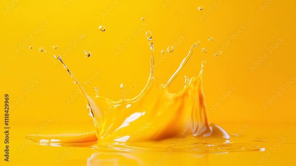 Poster yellow liquid splashing on yellow background creating crown shape