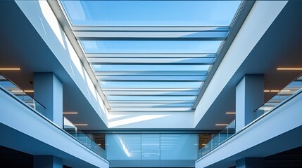 Fototapeta premium Natural light floods a modern office atrium through an innovative skylight design, illuminating the space and creating a bright, airy atmosphere