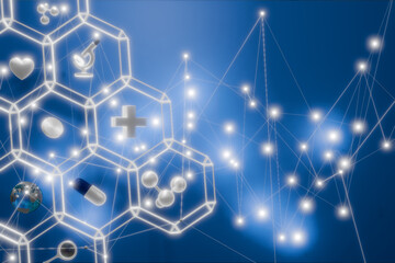 Abstract representation of healthcare and science with interconnected symbols on a blue background. 3d rendering