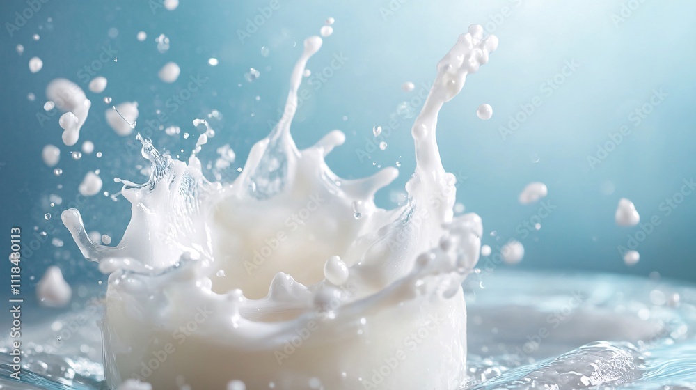 Poster Milk splashing and creating a crown shape on blue background