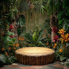 Obraz premium Tropical garden with round wooden stage surrounded by lush greenery and vibrant flowers