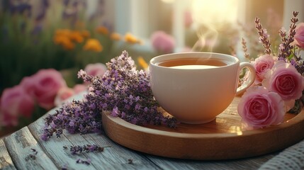 Fototapeta premium Warm tea cup with lavender and roses on wooden tray.