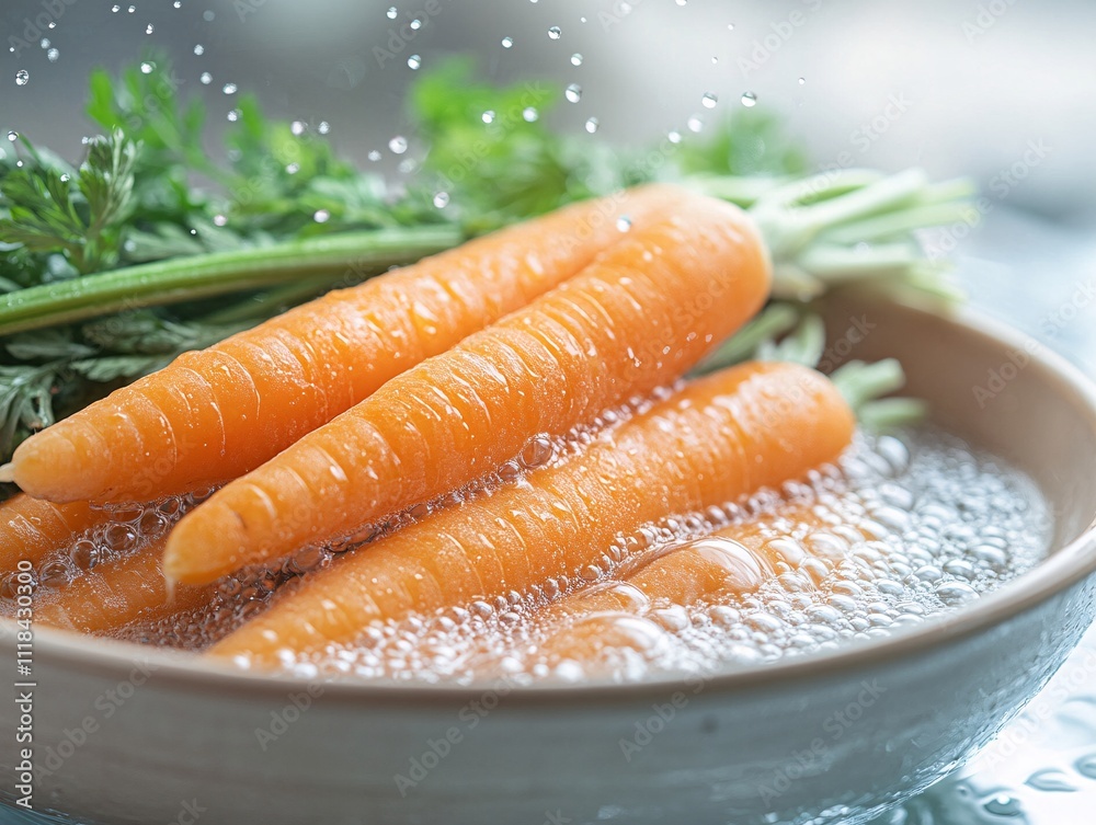 Wall mural Fresh carrots soaking in water, surrounded by green leaves, creating a vibrant and healthy scene.