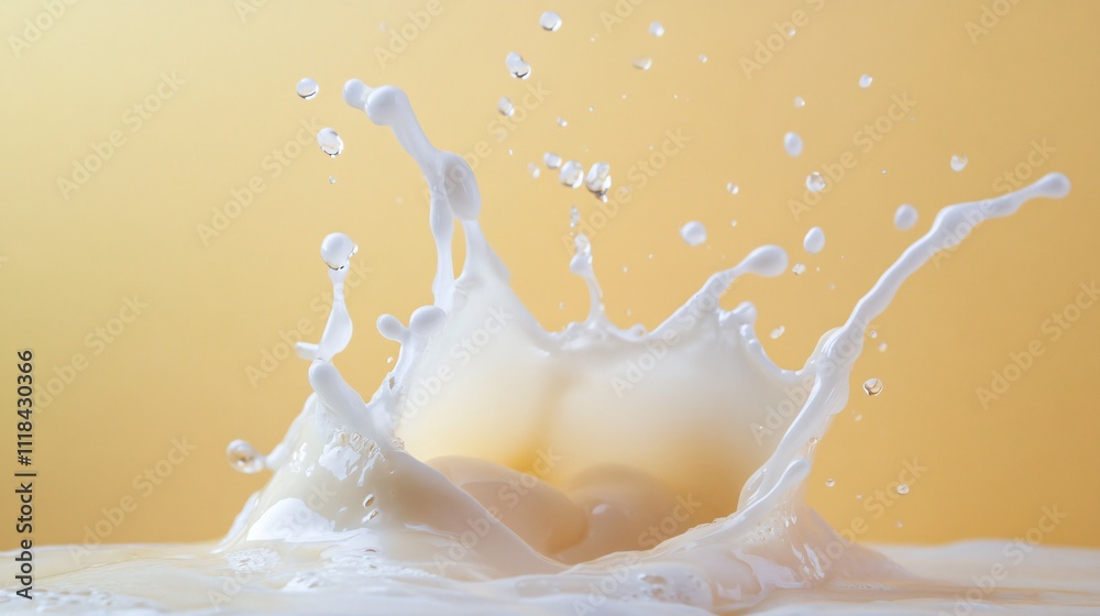 Poster Milk splashing and creating a crown shape on yellow background